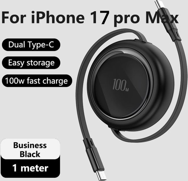 ILEPO USB-C auf USB-C Schnellladekabel mit 100 W Leistung, einziehbares Datenkabel in Schwarz, Länge: 1 m - Bild 1