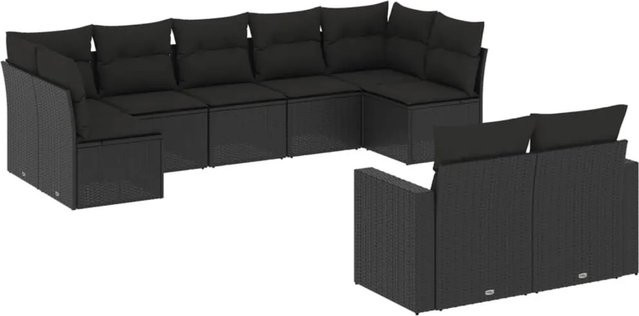 vidaXL 9-tlg. Garten-Sofagarnitur in L-Form aus Poly-Rattan mit Kissen in Schwarz - Bild 1