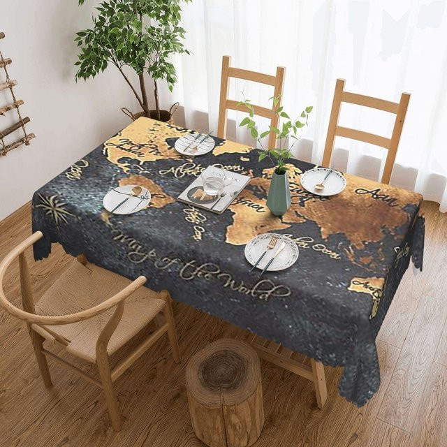 Wasserdichte rechteckige Tischdecke mit Weltkarten-Motiv von JINGYUE Pet in Beige, Gold und Schwarz, B/T: 137 x 183 cm - Bild 1
