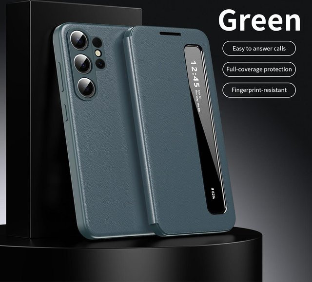 Samsung Galaxy S26 Ultra Business Leder Smart Clear View Cover Schutzhülle in Grün - Bild 1