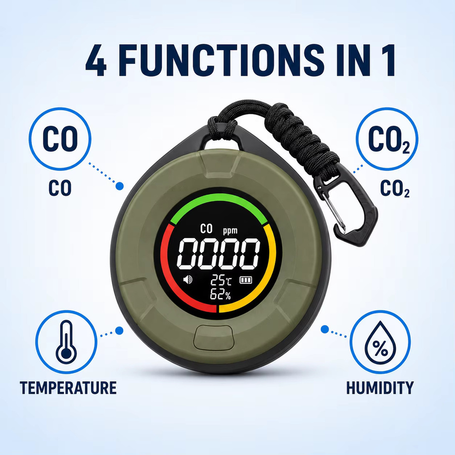 FABISENSE Tragbarer 4-in-1 Kohlenmonoxid-Detektor in Grün mit CO-Alarm, CO2-Sensor und Temperatur- sowie Luftfeuchtigkeitsanzeige für Zuhause und Wohnmobil - Bild 3
