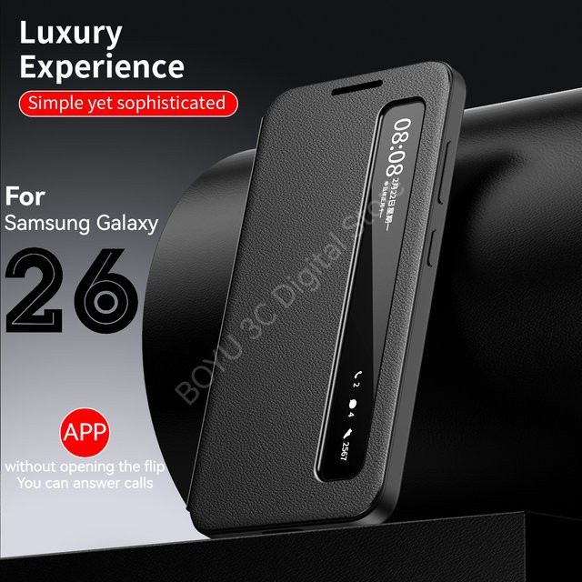 APP Luxus Leder Handytasche mit Fensterabdeckung für Samsung Galaxy S26 S25 S24 S23 S22 Ultra Plus S25FE Edge Flip in Schwarz - Bild 1