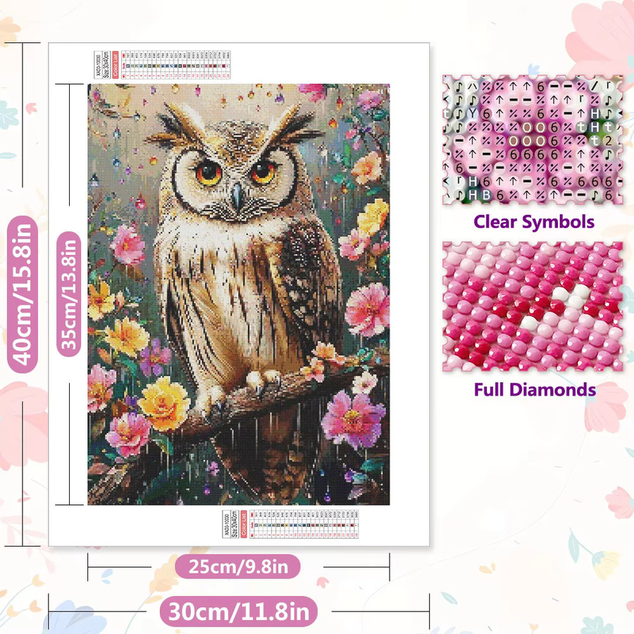 EverShine DIY Diamant Stickerei Eule 5D Vollbohrer Mosaik Tier Kunst Malerei Kit mit Blumenmuster, Multicolour, B/H: 30 x 20 cm - Bild 2