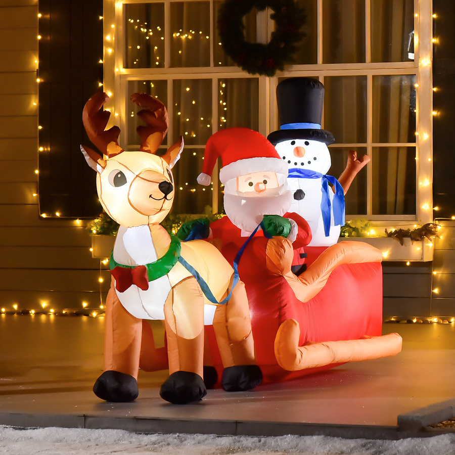 HOMCOM Aufblasbarer Weihnachtsmann auf Schlitten mit Schneemann und LED Weihnachtsdekoration, wetterfest aus Polyester, B/T/H: 200 x 80 x 128 cm - Bild 2