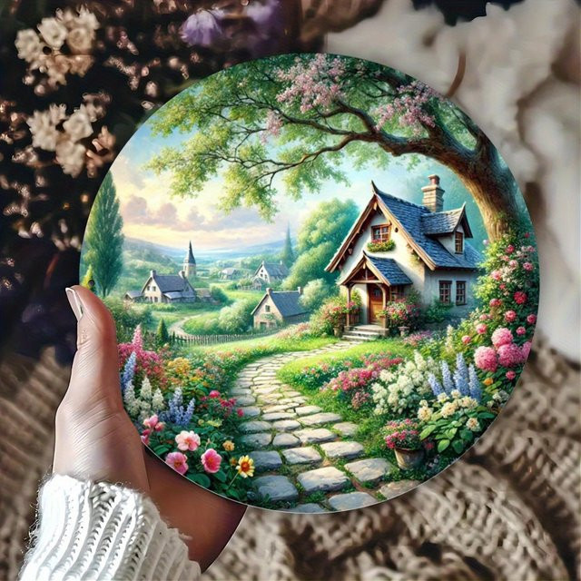 Rundes dekoratives Wandschild Potdemiel Cottage and Meandering Path aus Aluminium in Multicolour mit Vintage-Design und floralem Motiv, Durchmesser: 20 cm - Bild 1