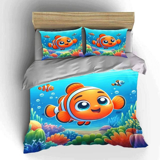 Dreiteiliges Bettwäscheset Unterwasser-Abenteuer mit Clownfisch in Blau, B/H: 135 x 200 cm - Bild 1