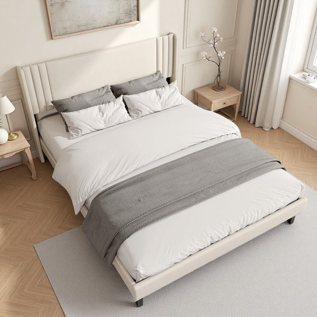 Comanlai Polsterbett mit Lattenrost und Kopfteil in Grau oder Beige, modernes Doppelbett aus Stoff, B/T/H: 140 x 200 cm - Bild 1