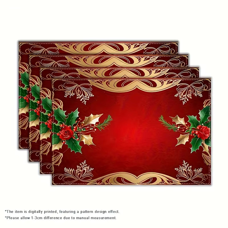 VIKAMA 4-teiliges Weihnachts-Tischset im Retro-Design, rot, wasserdicht und isolierend, mit floralem Muster - Bild 2