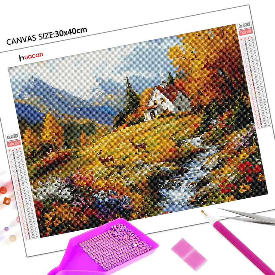 Huacan Diamantgemälde Herbstlandschaft mit Hirsch, Fluss und Blumen als Diamant-Stickerei in Multicolour, B/H: 30 x 20 cm - Bild 2