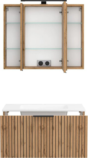 Held Möbel Waschtisch-Set aus Wildeiche und Mineralguss mit Spiegelschrank in Weiß, 2-teilig, B/T/H: 200 x 80 x 47 cm - Bild 1