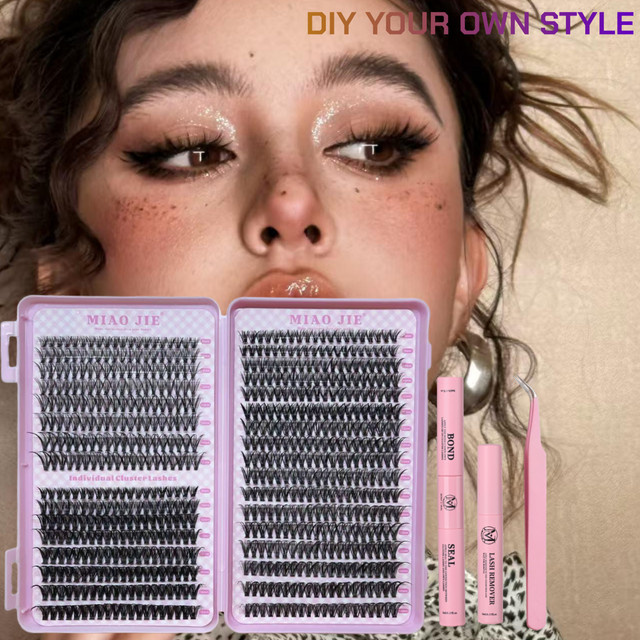 MIAOJIE Wimpernverlängerungsset, Wimperncluster, D-Curl, 9–16 mm, Black - Bild 1