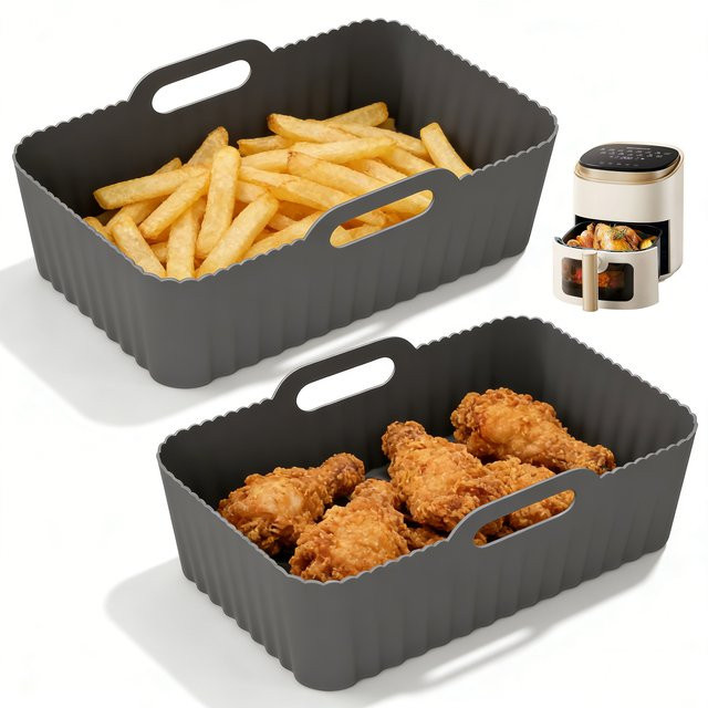2 Stück Ninja Foodi Silikon-Heißluftfritteusen-Einlagen für Dual Zone AF300 AF400, wiederverwendbare Antihaft-Doppelkorb-Einlagen, Schwarz, 7,6 l - Bild 1