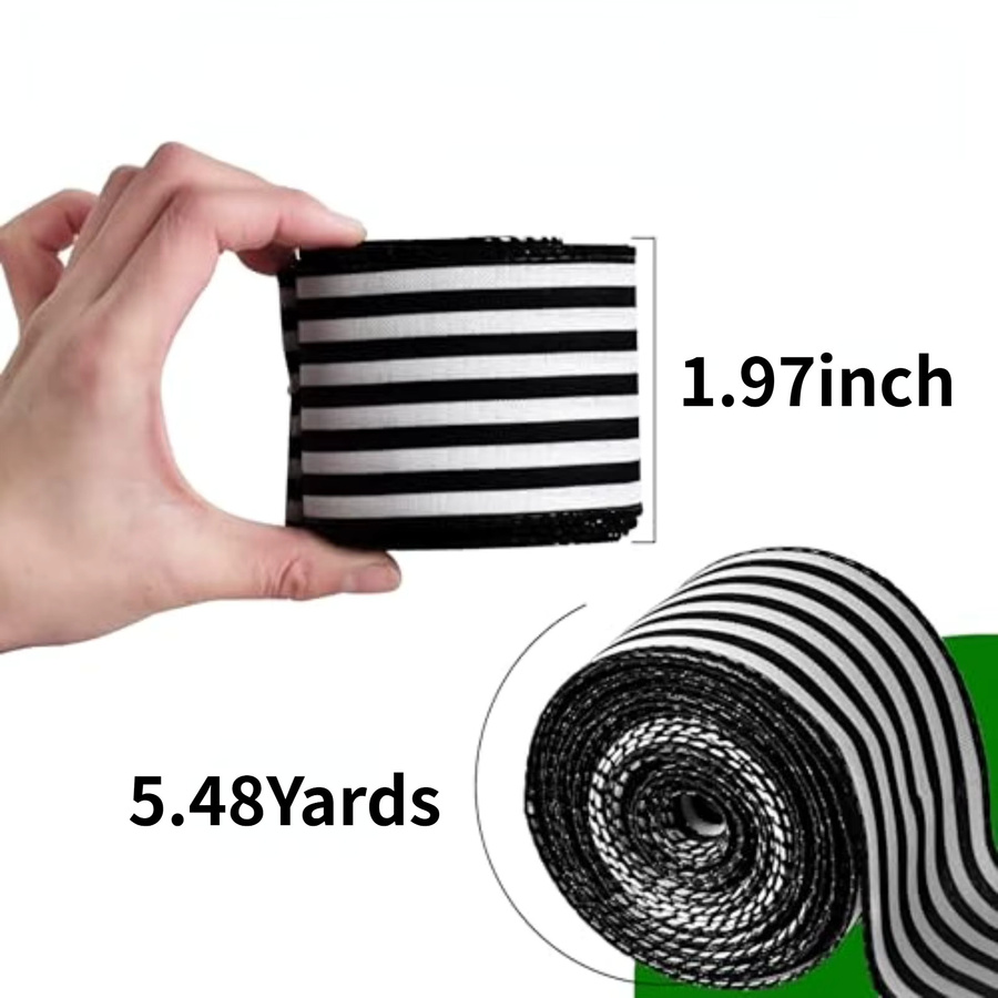 2 Rollen Schwarz-Weiß Gestreiftes Satinband mit Draht für Weihnachtsbaum, Kränze und Geschenkdekoration, 5 Yards pro Rolle - Bild 6