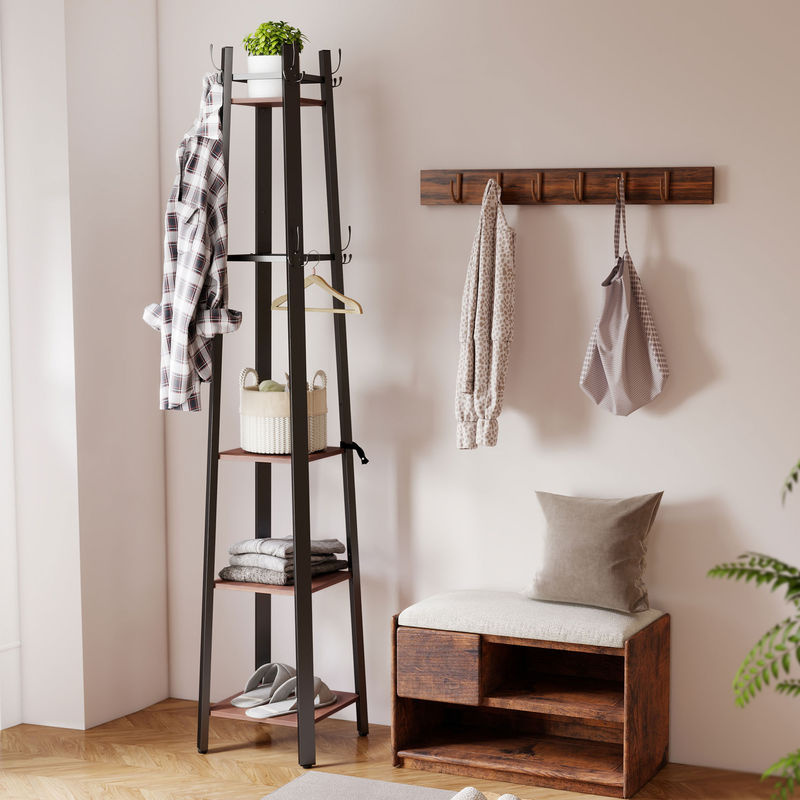 HOMCOM Garderobenständer im Industrie-Stil in Braun mit 4 Ablagen und 8 Haken für Flur und Schlafzimmer - Bild 2