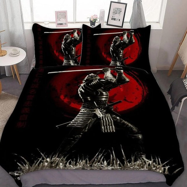 Flylo Bettwäsche-Set Japanisches Samurai Design mit Sonnenuntergang und Landschaft, Schwarz-Rot, Polyester, B/H: 100 x 135 cm - Bild 1