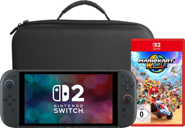 Nintendo Switch 2 Handheld Konsole mit Mario Kart World und BlueBuilt Travel Case in Blau und Schwarz - Bild 1