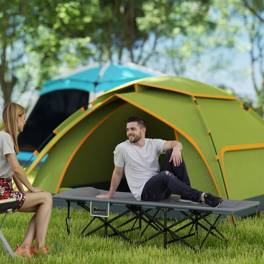 Outsunny Faltbares Feldbett mit Matratze und Kopfkissen in Grau, Campingbett für Erwachsene mit Seitentaschen, B/T/H: 187 x 67 x 37 cm - Bild 2