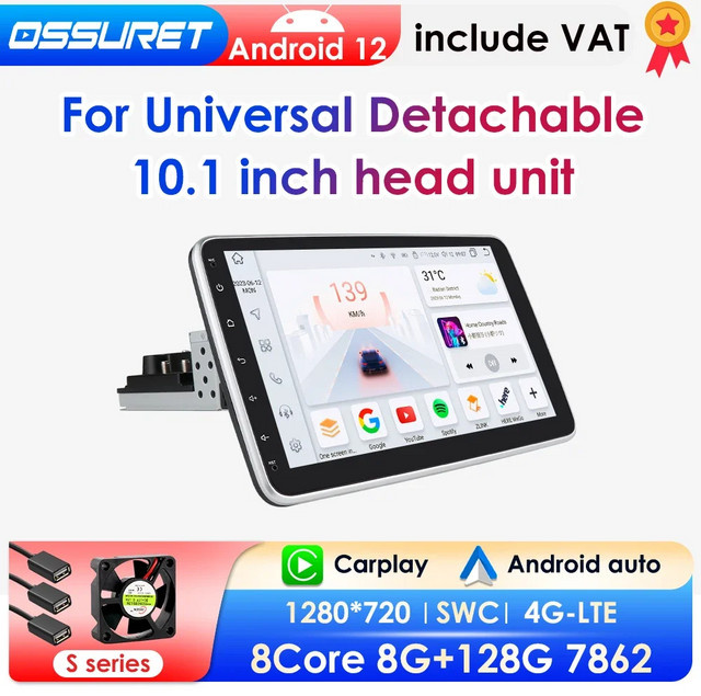 OSSURET Android 12 Autoradio mit 360 Grad drehbarem Bildschirm, CarPlay, GPS und USB, Schwarz, 1DIN - Bild 1