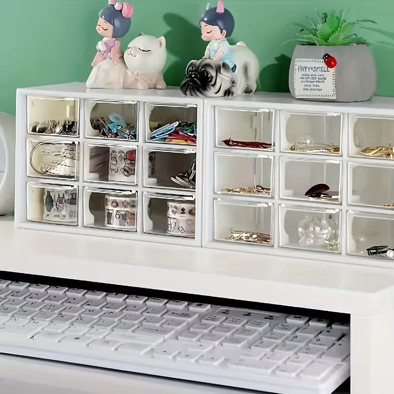 Schreibtisch-Organizer aus Kunststoff mit Mini-Schublade und mehreren Fächern zur Aufbewahrung von Bürobedarf und Haarstyling-Utensilien - Bild 3