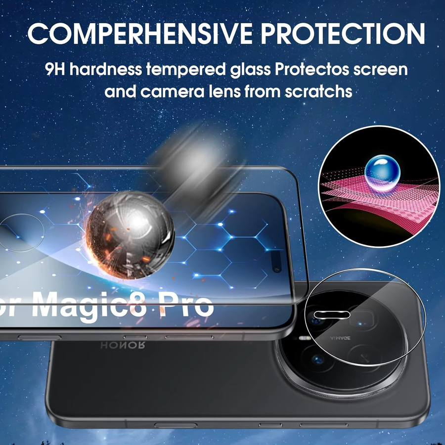 Honor Magic 8 Pro Displayschutzfolie aus 3D 9H gehärtetem Glas mit Kameraobjektivschutz, transparent - Bild 4