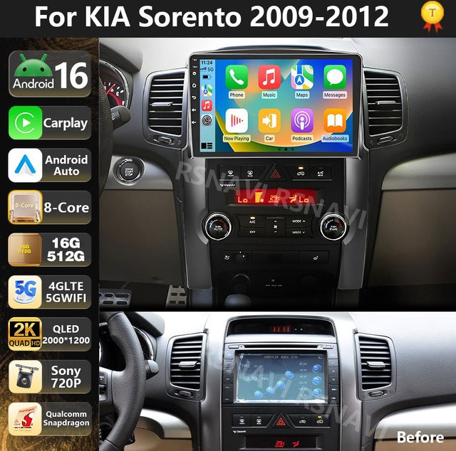 RSNAVI Android 16 Multimedia Autoradio mit Qualcomm Prozessor für Kia Sorento 2 XM 2009-2012, Bluetooth und CarPlay, Schwarz - Bild 1