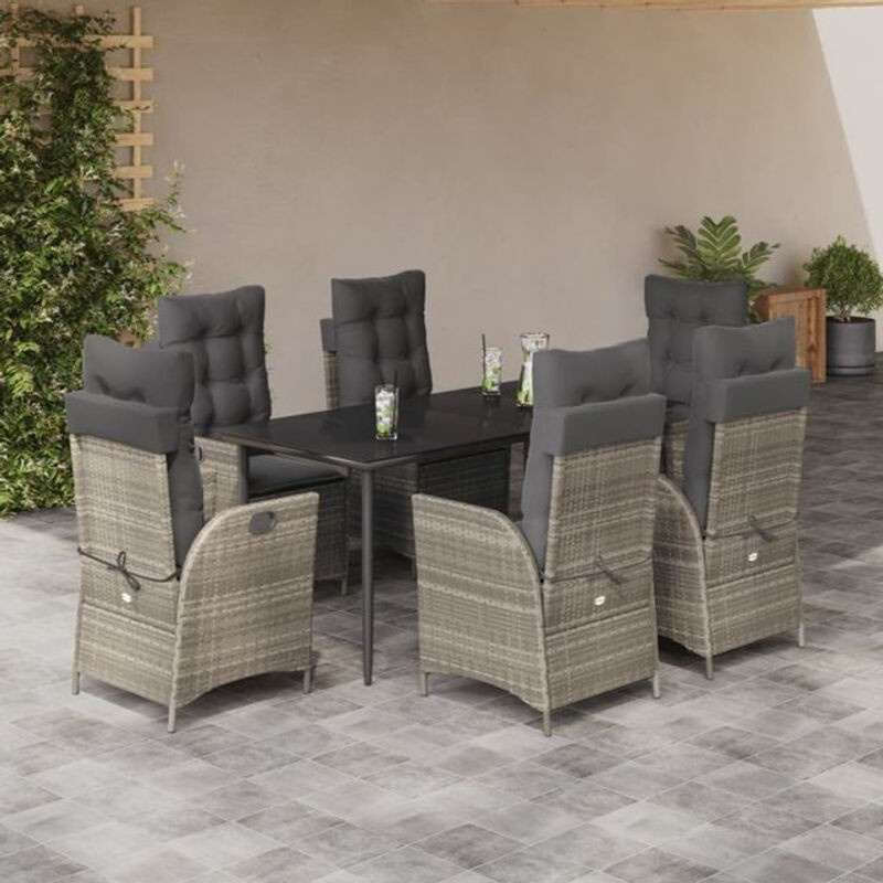7-teilige moderne Garten-Essgruppe aus Poly-Rattan mit Kissen in Hellgrau von vidaxl - Bild 1