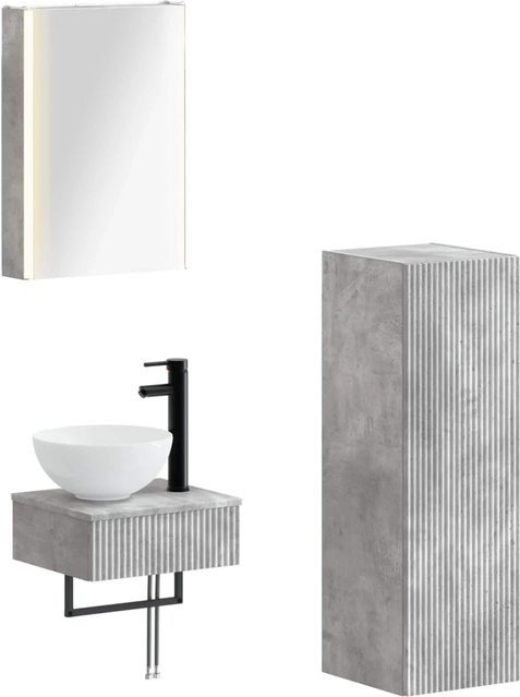 vidaXL Badezimmerschrank-Set 4-teilig in Betongrau, modern mit LED-Beleuchtung und Spiegelschrank, B/T/H: 43 x 11,5 x 60,5 cm - Bild 1