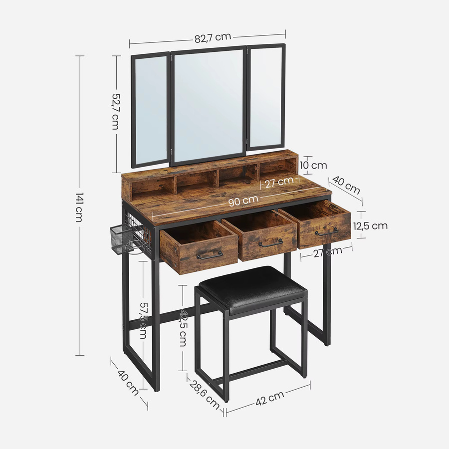 VASAGLE Schminktisch im Industrial Design mit Klappspiegel, Föhnhalter und gepolstertem Hocker in Schwarz oder Braun - Bild 2