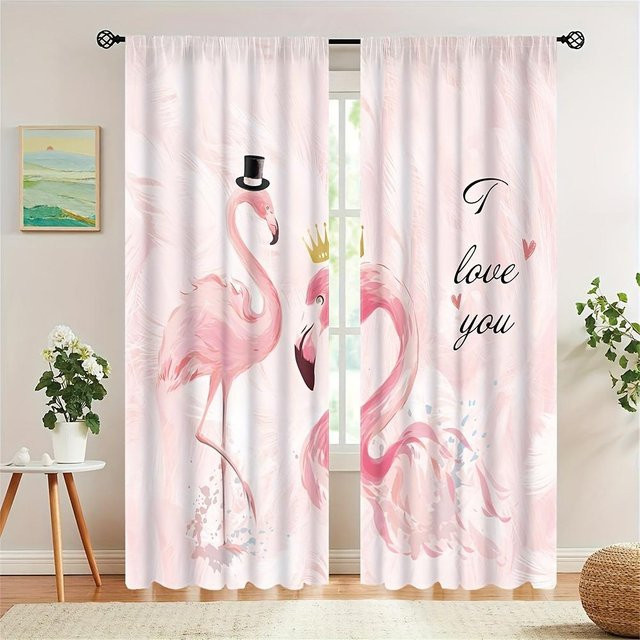 2er-Set halbtransparente Vorhänge mit rosa Flamingo-Design, digital bedruckt, Farbe: Rosa, B x H: 100 x 130 cm - Bild 1
