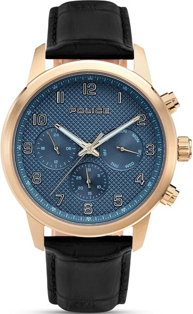 Police Herrenuhr Raho, Quarz, Edelstahl, 44 mm, Leder, Blau, 5 ATM - Bild 1