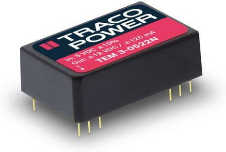 TracoPower TEM 3-0522N DC/DC-Wandler in Schwarz, Print-Ausführung mit 5 V/DC, 12 V/DC und -12 V/DC, 125mA, 3W, 2 Ausgänge - Bild 1