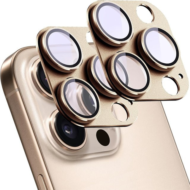 2er-Set Kamera Objektiv Schutz aus gehärtetem Glas und Metall für Apple iPhone 16E, 15 Pro Max, 14 Plus und 13 Mini in Wüstengold - Bild 1