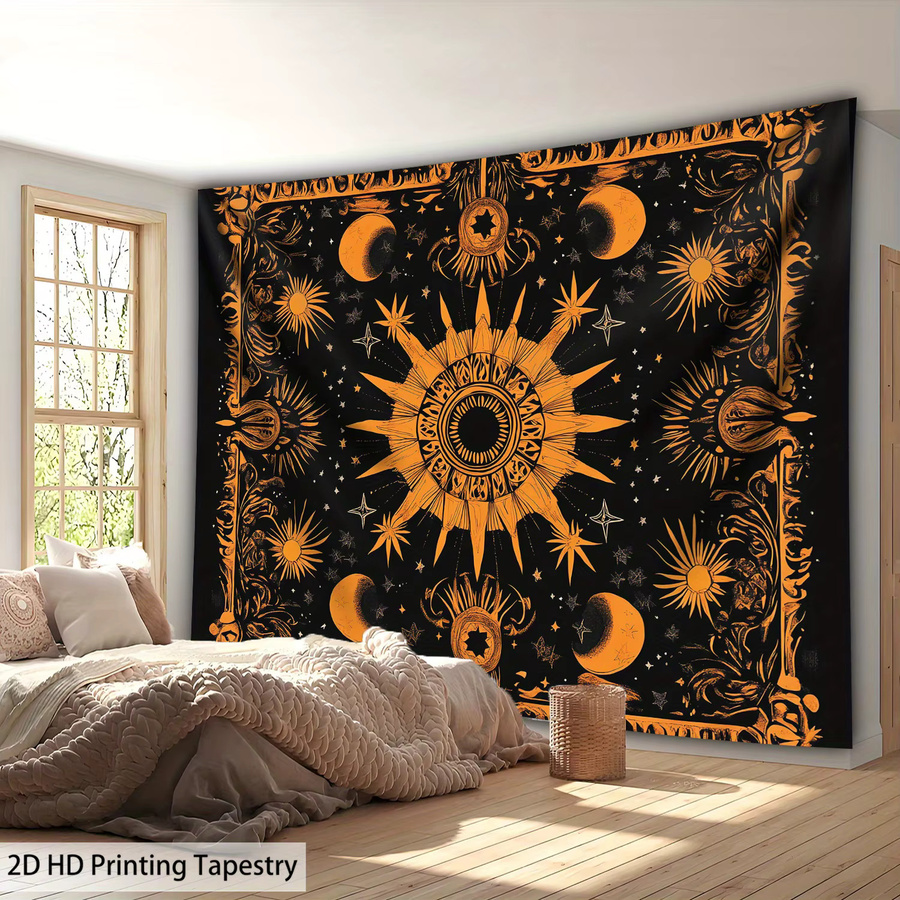 VIKAMA Wandteppich im Bohemian-Stil mit Sonne und Sternen in Schwarzgold - Bild 2