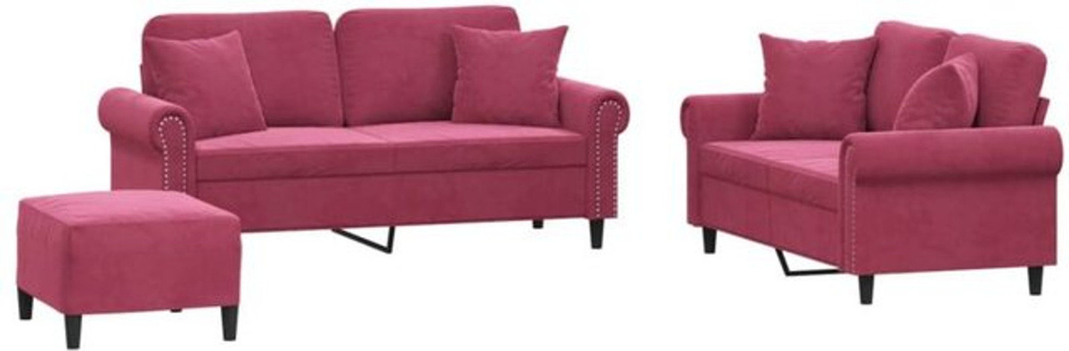 Vidaxl 3-teilige Sofagarnitur aus Samt und Polyester in Rot mit Metallgestell und Kissen im klassischen Design - Bild 1