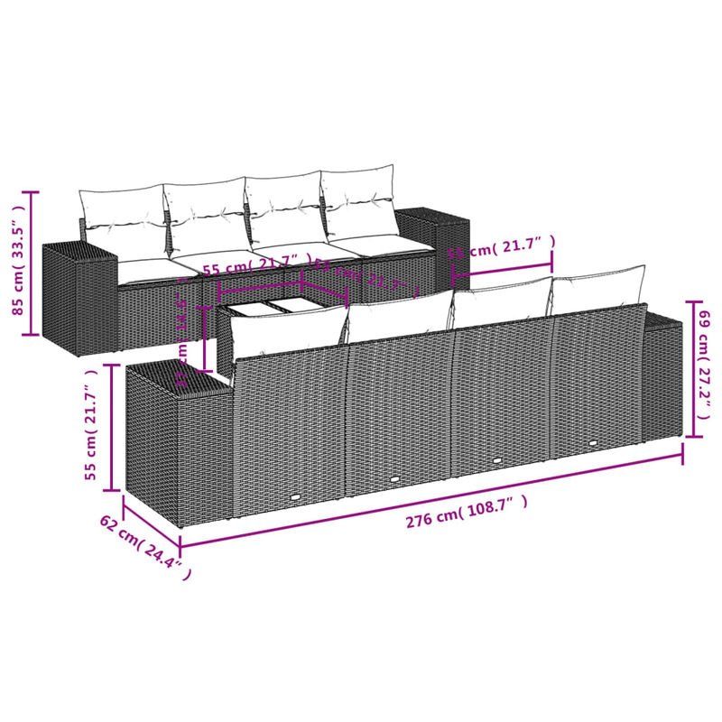 Vidaxl 9-teiliges Gartenmöbel-Set aus Polyrattan mit Kissen und Glastisch in Beige - Bild 2