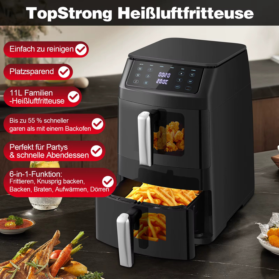 TopStrong Heißluftfritteuse mit Dual-Korb und 11 l Volumen, 2500W, 6-in-1-Funktionen, Schwarz - Bild 6