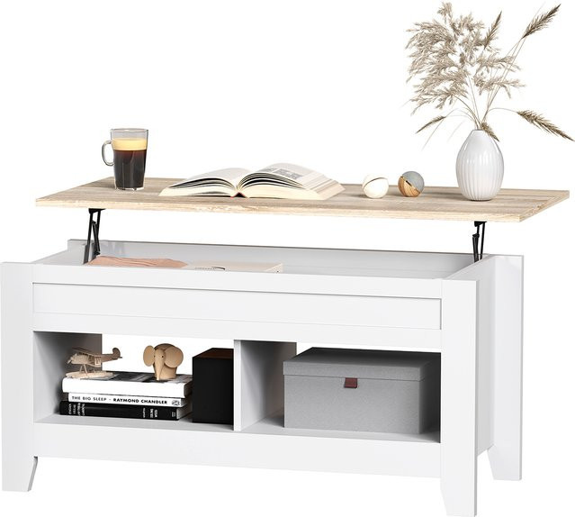 Aosom Couchtisch mit klappbarem Tablett und Regalen in Weiß, B/T/H: 105 x 50 x 49-62,5 cm - Bild 1