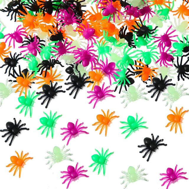 Mehrfarbige Halloween Spinnen als Dekoration für Spukhäuser und Spinnweben, Set mit 50 oder 100 Stück aus Kunststoff - Bild 1