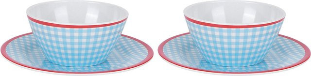 CosyHome Set aus 4 Salatschüsseln in Weiß mit hellblauem Gittermuster aus Keramik im Imitations-Porzellan-Stil - Bild 1