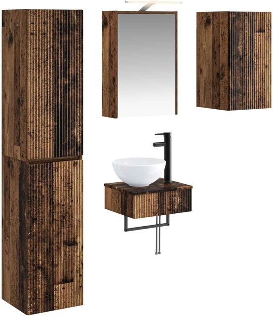 vidaXL Badezimmermöbel-Set aus Altholz und Glas in Braun mit LED-Beleuchtung und Spiegelschrank - Bild 1