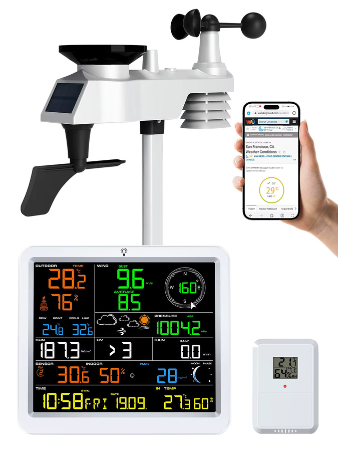 Urageuxy 14-in-1 WiFi Funkwetterstation in Weiß mit Innen- und Außenthermometer, Hygrometer, Solarenergie, Windgeschwindigkeit sowie PM2,5- und UV-Sensor - Bild 7