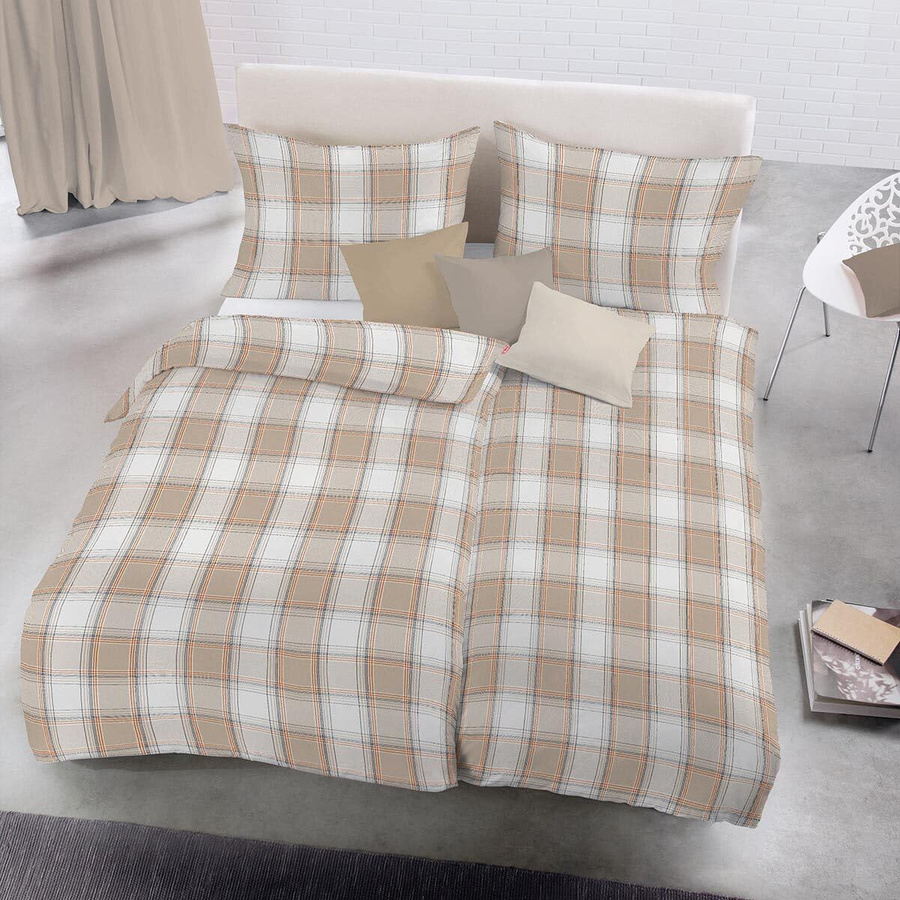 Fleuresse Lech Edelflanell Bettwäsche Karo Beige Sand Ocker B/H: 135 x 200 cm mit Kissen 80 x 80 cm - Bild 1