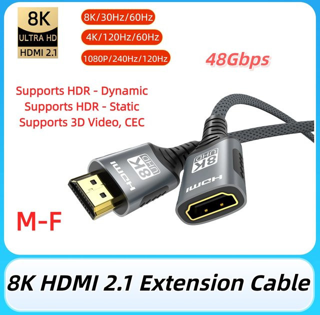 FDBOY HDMI 2.1 Verlängerungskabel Schwarz, 8K 60Hz und 4K 120Hz Extender Stecker auf Buchse für PC, TV und Projektor - Bild 1