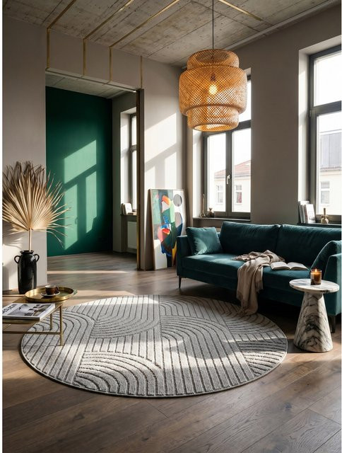 Flachgewebe-Teppich Kadima Design Hoch-Tief-Bögen in Silber und Grau, B/T: 120 x 120 cm - Bild 1