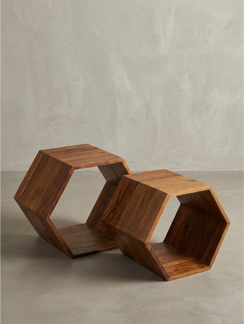 KADIMA DESIGN Satztisch 2er-Set aus Massivholz in Braun mit verschachtelten Tischplatten - Bild 1