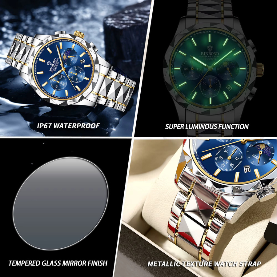 BINBOND Chronograph, Quarz, Edelstahl, Blau, Herren - Bild 6