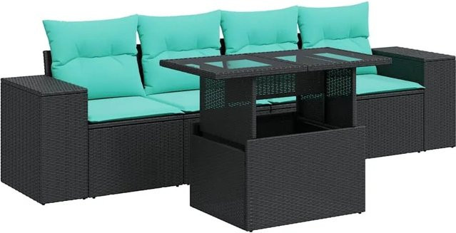 vidaXL 5-teilige Garten-Sofagarnitur in L-Form aus schwarzem Poly-Rattan und Akazie mit Sitzkissen und integriertem Stauraum - Bild 1
