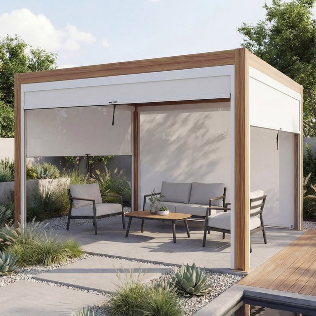 Pergola MCW-L46 Lamellen-Pavillon mit Seitenwänden in Weiß und Alu-Gestell in Holzoptik, B/T: 300 x 300 cm - Bild 1