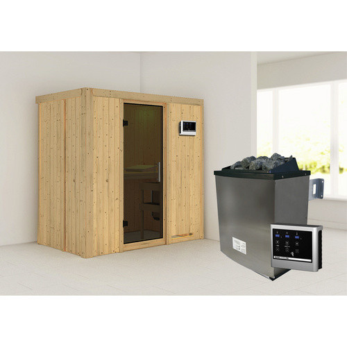 Karibu Sauna Pärnu aus Fichtenholz in Beige mit 9 kW Saunaofen und externer Steuerung für 2 Personen, B/T/H: 198 x 118 x 196 cm - Bild 2