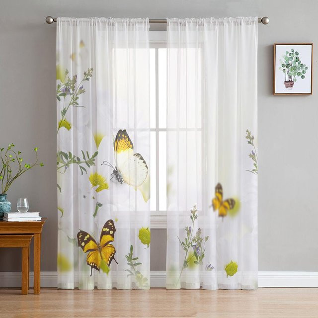 Transparente Vorhänge mit Schmetterlings- und Gänseblümchenmotiv aus Tüll-Voile-Organza in Weiß, Breite: 135 cm, Höhe: 115 cm - Bild 1